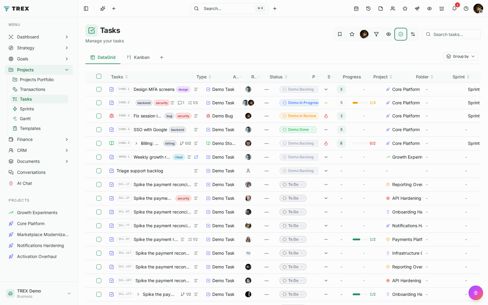 Activities screenshot in TREX