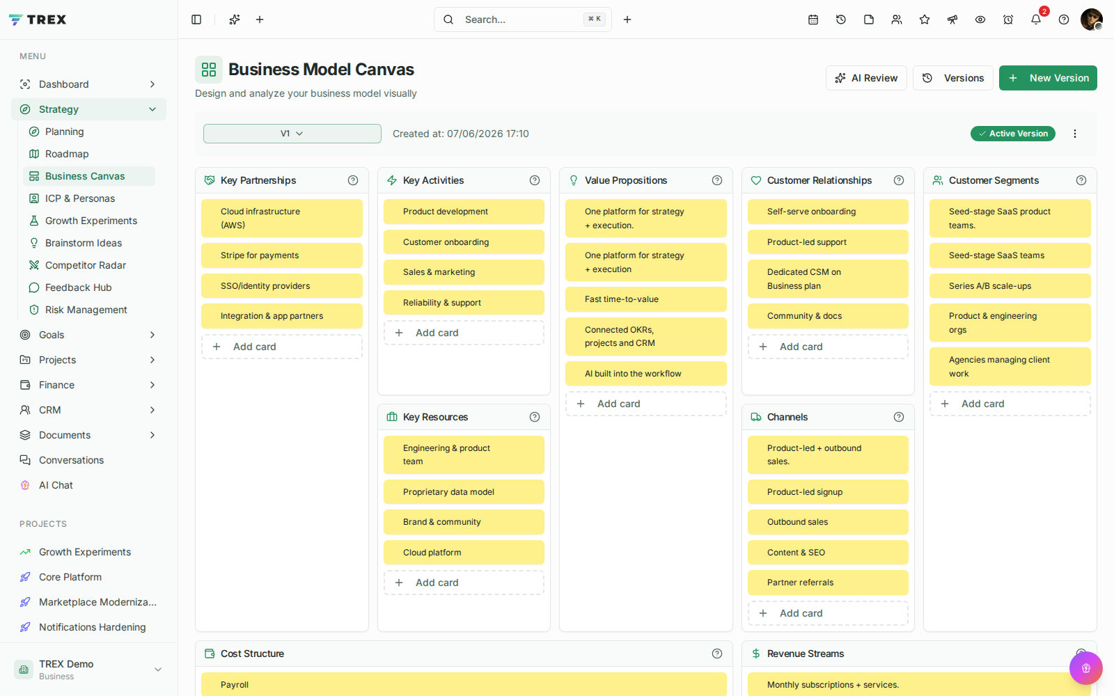 Business Canvas screenshot in TREX