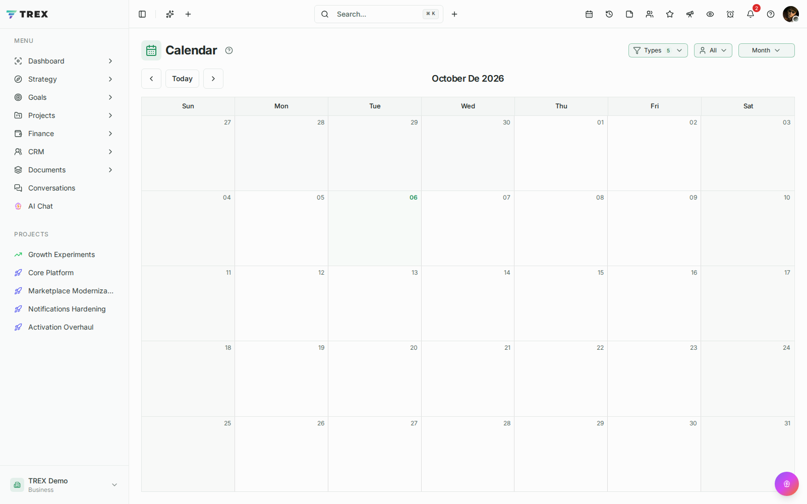 Calendar screenshot in TREX