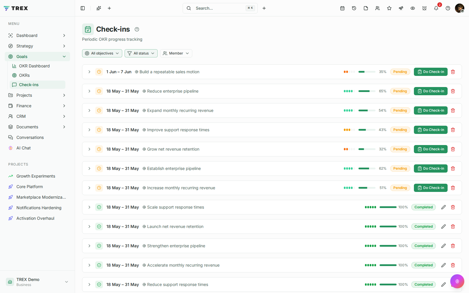 Check-ins screenshot in TREX