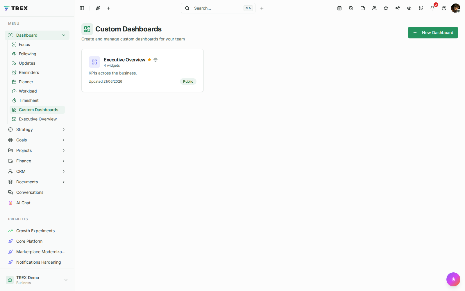 Custom Dashboards screenshot in TREX