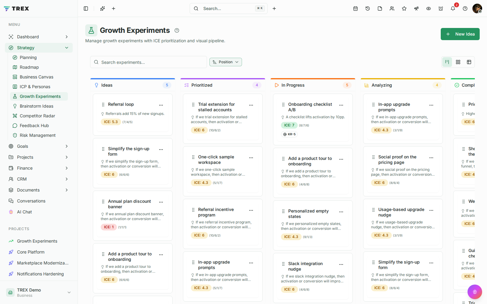 Experiments screenshot in TREX