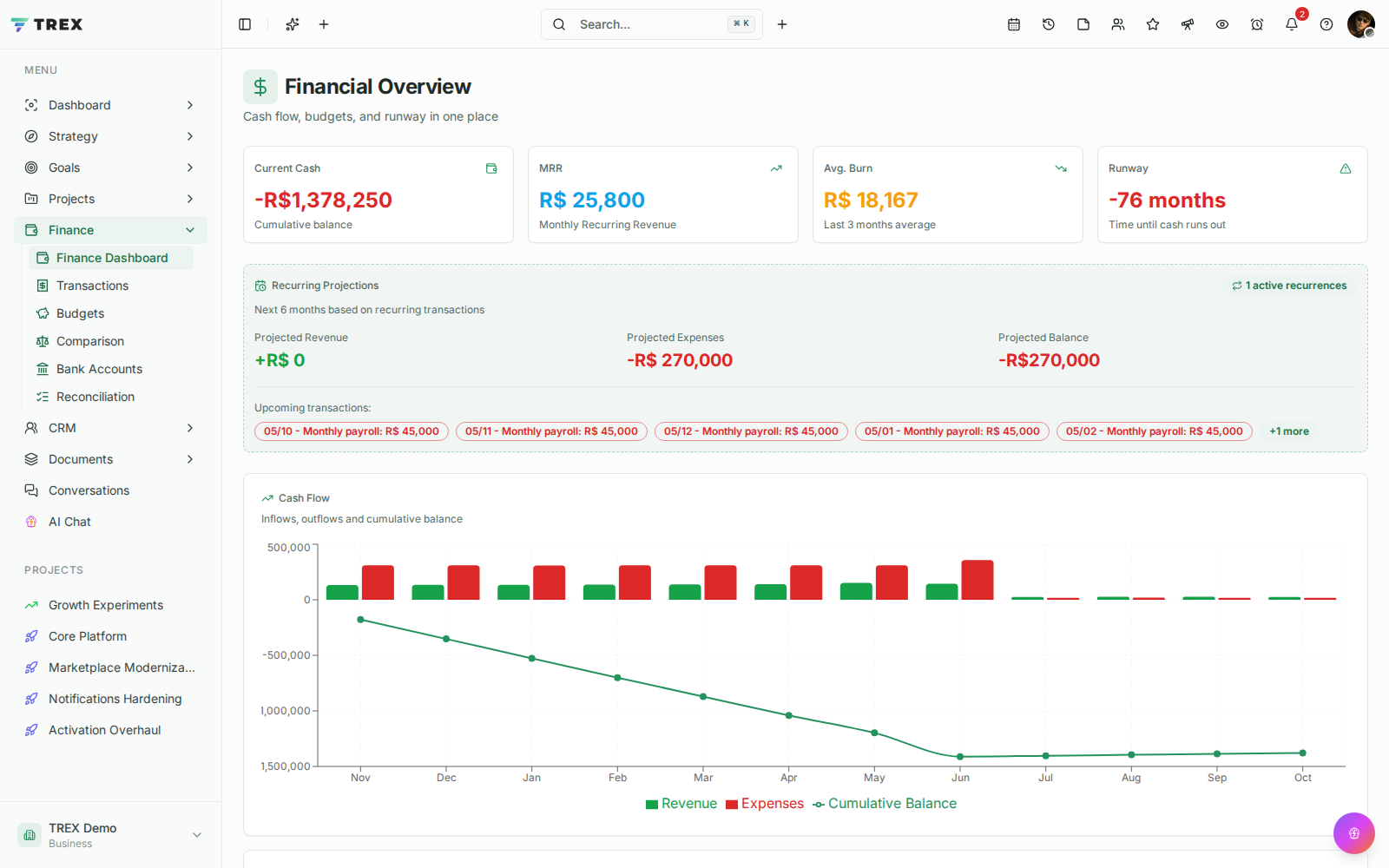 Financial screenshot in TREX