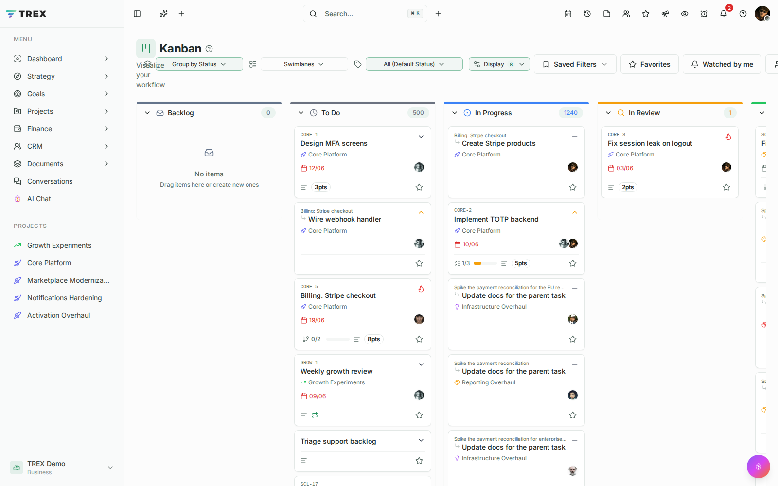 Kanban screenshot in TREX