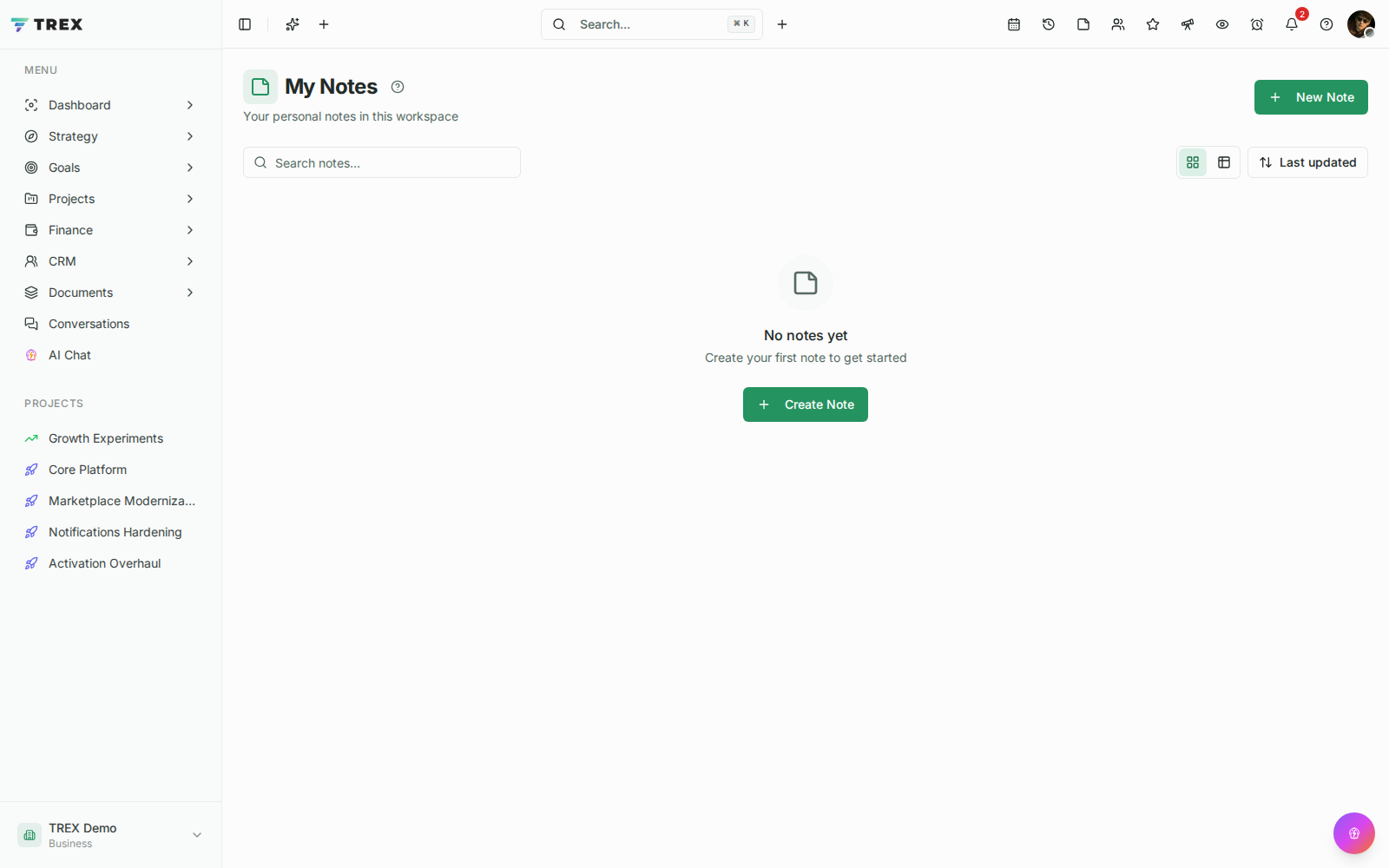 Notes screenshot in TREX