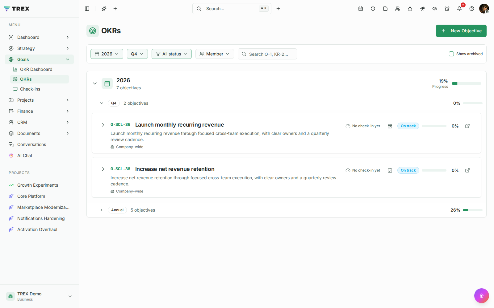 OKRs screenshot in TREX