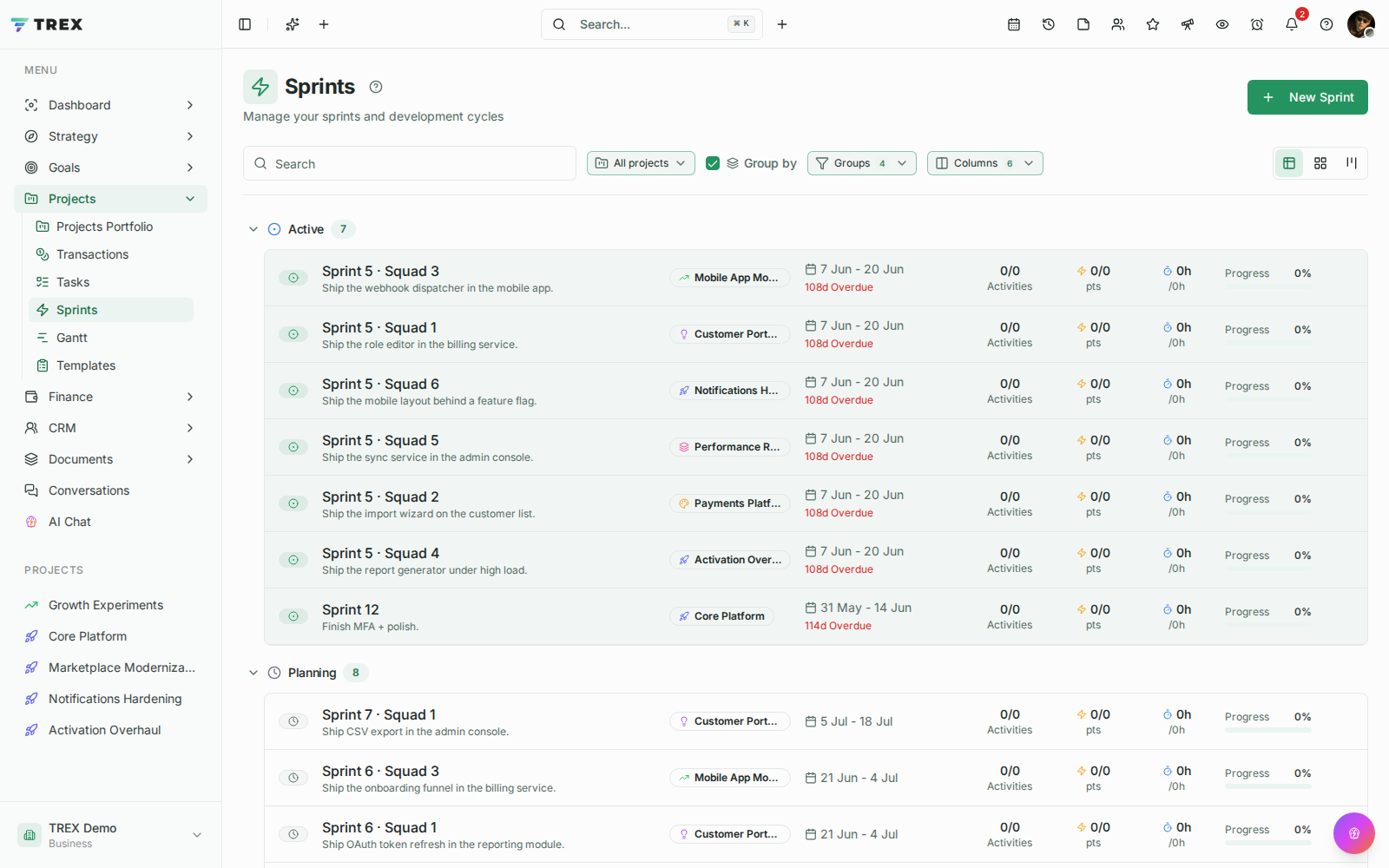Sprints screenshot in TREX